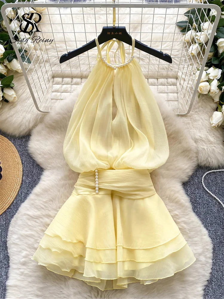 SINGREINY Strap Chiffon Mini Dress Female Pearl Halter Sleeveless Backless Sexy Design Fairycore Vacation Summer Ruffles Dress