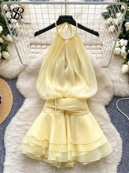 SINGREINY Strap Chiffon Mini Dress Female Pearl Halter Sleeveless Backless Sexy Design Fairycore Vacation Summer Ruffles Dress