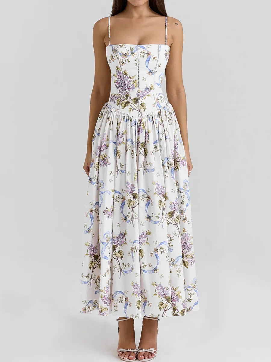 Oligai Floral Print Midi Sundress Elegant Spaghetti Strap Flowy Dress Aussie Summer Women Boho Chic Beach Dress