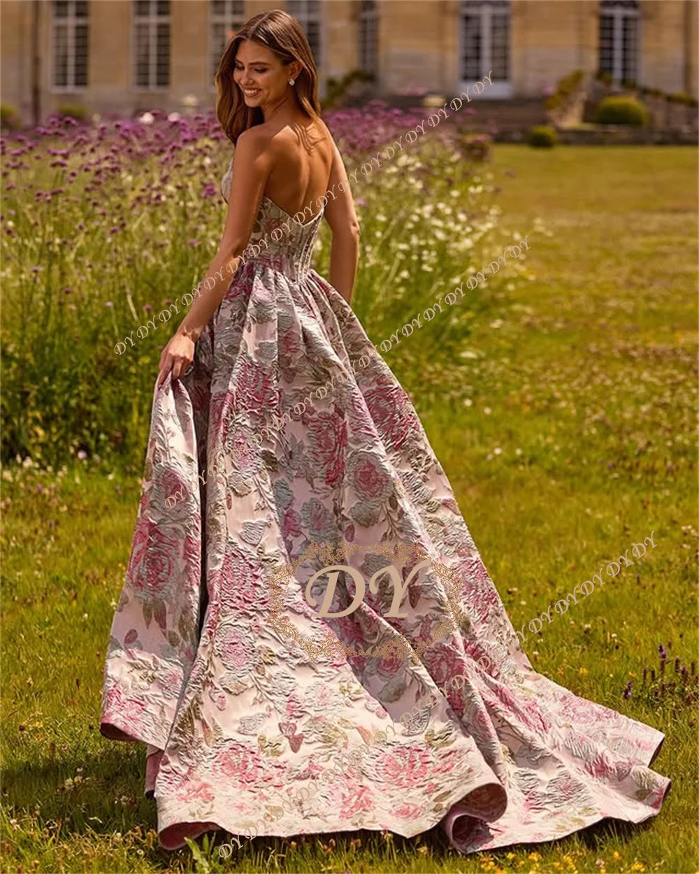 DY Elegant Pink Jacquard Strapless A-line Evening Dress Floor Length Customsied Prom Gowns Formal Occasion Vestido