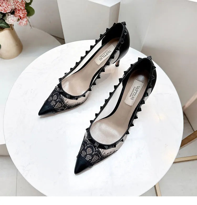 V-Home Mandarin Orange High Heels Lace Mesh Rivet Pointed Toe Versatile Single Shoes Women Summer Fashionable Elegant