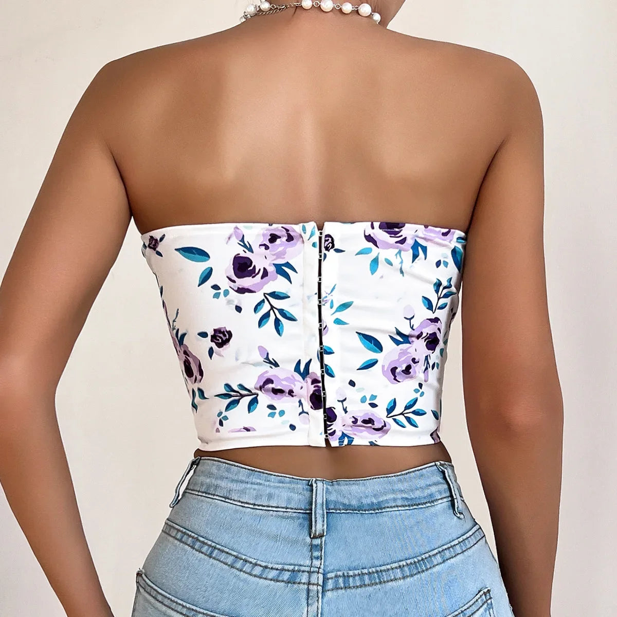 Women Floral Top Sexy Spicy Girl Tank Top Low cut Open Back Flower Wrapped Chest Diamond Fish Bone Strap Waist Vest Tank Top Y2K