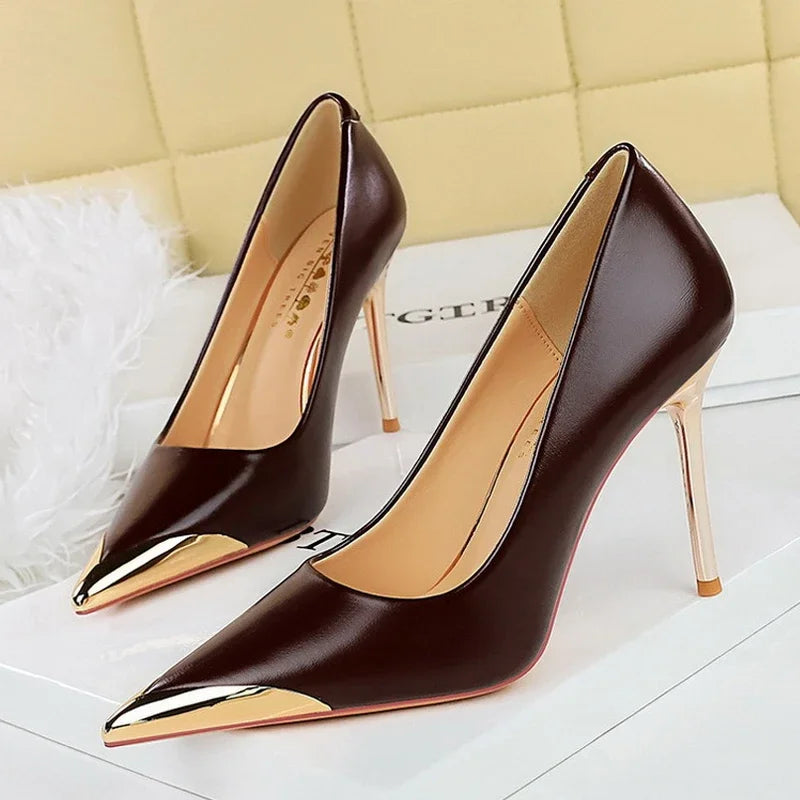 BIGTREE Retro Shallow Metal Pointed Toe High Heels Women Pumps  Stripper Elegant Party Thin Low Heels Black Heels Shoes