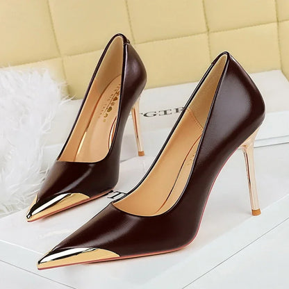 BIGTREE Retro Shallow Metal Pointed Toe High Heels Women Pumps  Stripper Elegant Party Thin Low Heels Black Heels Shoes