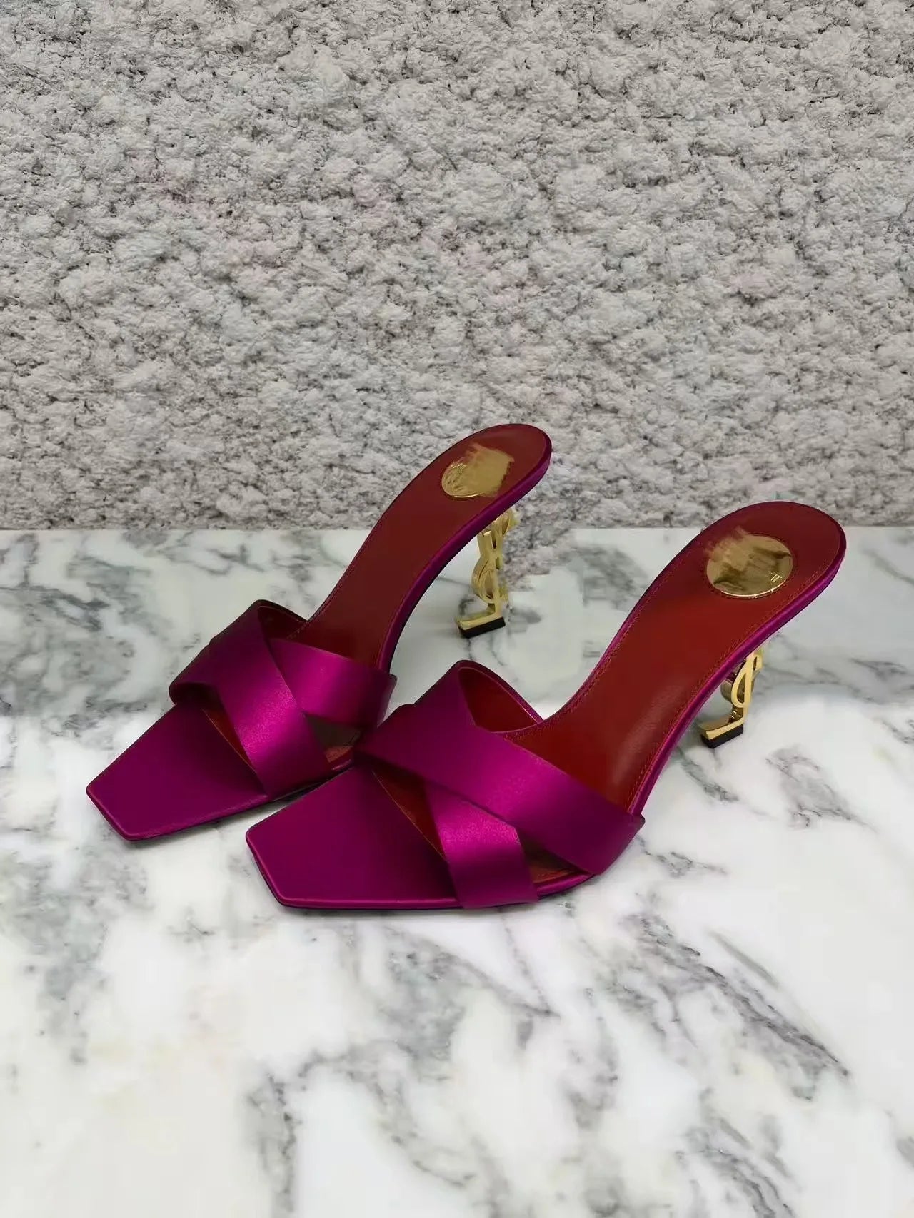 New 2026 Women's Fashionable Silk Satin Cross Band Metal Letter Heel Square Head High Heel Sandals Open Toe Stylish Pointed Toe