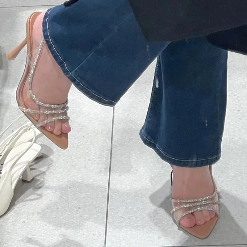 Thin Heel High Heels Women's 2024 Summer New Fairy Style Sexy Shallow Mouth Back Hollow Pointed Water Diamond Open Toe Sandals