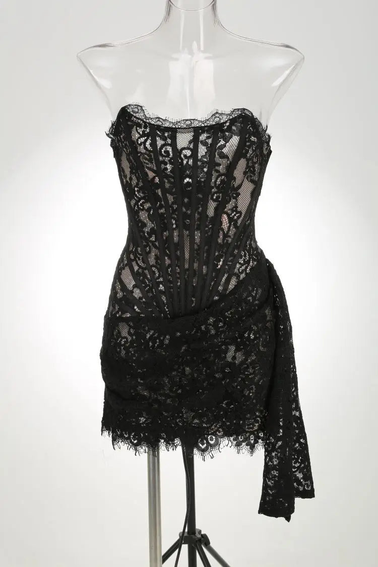 TARUXY Sexy Lace See-through Patchwork Corset Dress Female Bodycon Elegant Party MIrrgualr Mini Dress Women Tube Top Dress New