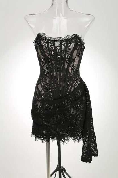 TARUXY Sexy Lace See-through Patchwork Corset Dress Female Bodycon Elegant Party MIrrgualr Mini Dress Women Tube Top Dress New