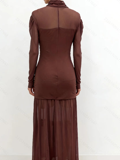 Elegant Sheer Long Sleeve High Neck Ruched Bodycon Dress For Women, Fashion Slim Party Banquet Art Exhibition Outfit
