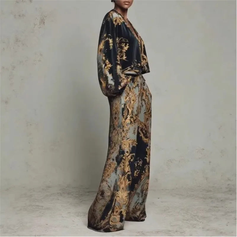 Vintage Printed Two-piece Set Women's Fashion V-neck Loose Long Sleeved Top Wide Leg Pants Suit Ladies Foreign Style Streetwear