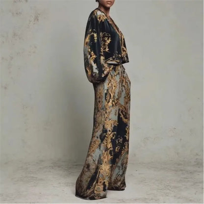 Vintage Printed Two-piece Set Women's Fashion V-neck Loose Long Sleeved Top Wide Leg Pants Suit Ladies Foreign Style Streetwear