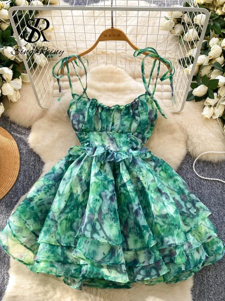 SINGREINY Holiday Print Flowy Birthday Dress Women Strap Butterfly Vacation Cake Sundress Organza Luxury Party Short Dress