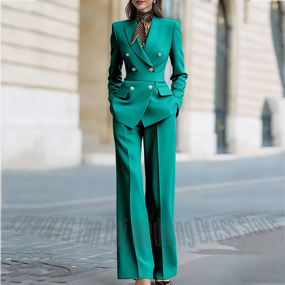 Customized Straight Women's Suits Two Pieces Classic Double Breasted Solid Color High Street Business Casual Office Suit Set
