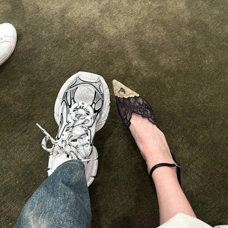 2026 Fashion Lace Sequin Hollow Out Mesh Women Pumps Sexy Pointed Toe Designer Low Heels Slingback Sandals Ladies Shoes