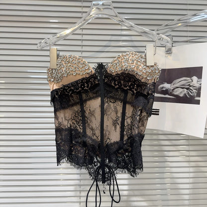Summer 2026 Sexy Spicy Girl Heavy Work Rhinestone Nail Fishbone Waist Cinch Strapless Tube Top Tank Original Design Lace Trim...