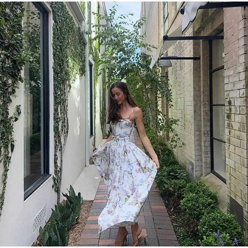 Chic Flower Print A-line Maxi Dress Women Elegant High Waist Strapless Backless Slim Vestidos Lady Summer Vacation Robes LIX8