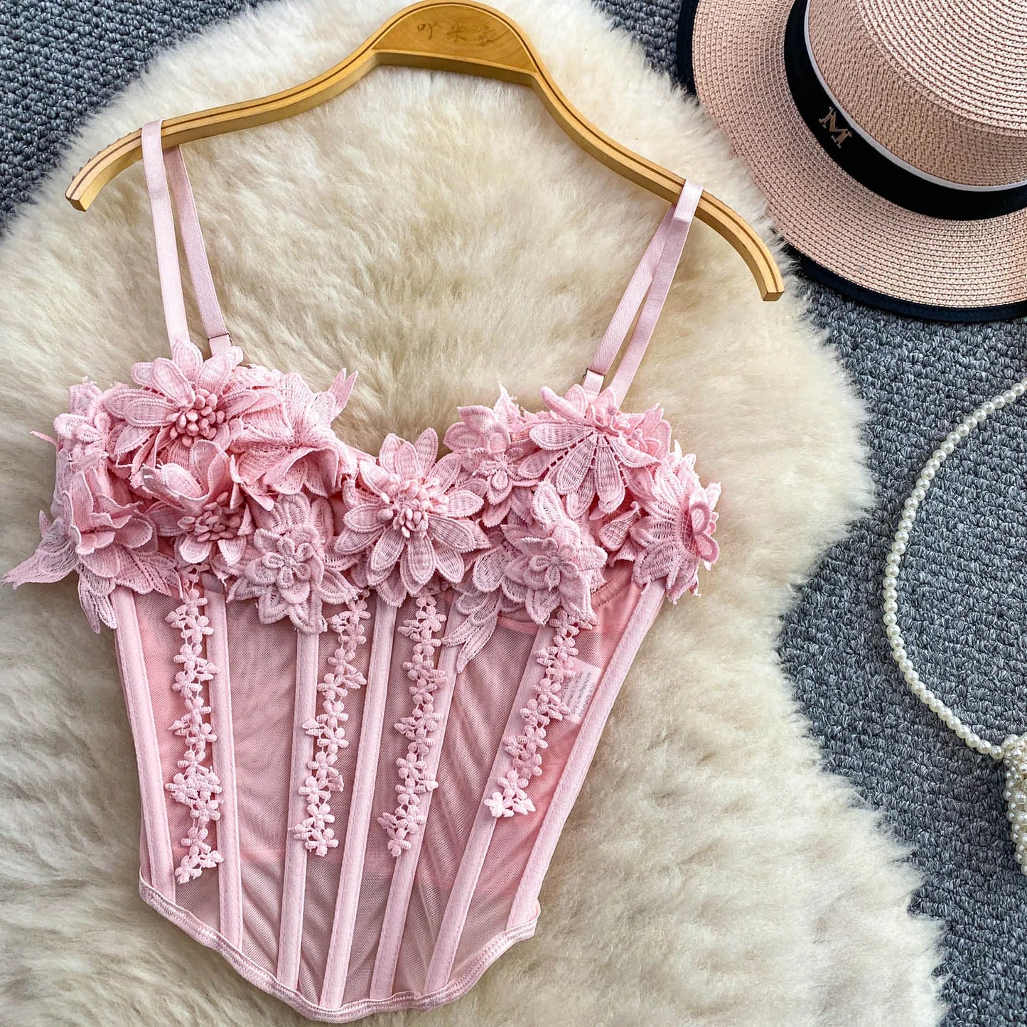 Slimming Floral Lace Crop Top Women's Summer Fashion Fishbone Design Strap Vest Breathable Short Style Sexy European Style