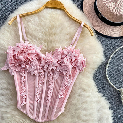 Slimming Floral Lace Crop Top Women's Summer Fashion Fishbone Design Strap Vest Breathable Short Style Sexy European Style