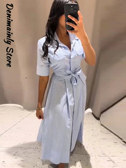 Casual Striped Women Summer Dress Lapel Single Breast Half Sleeve Slim Waist Long Dresses 2026 Autumn Lady Fashion Vacation Robe