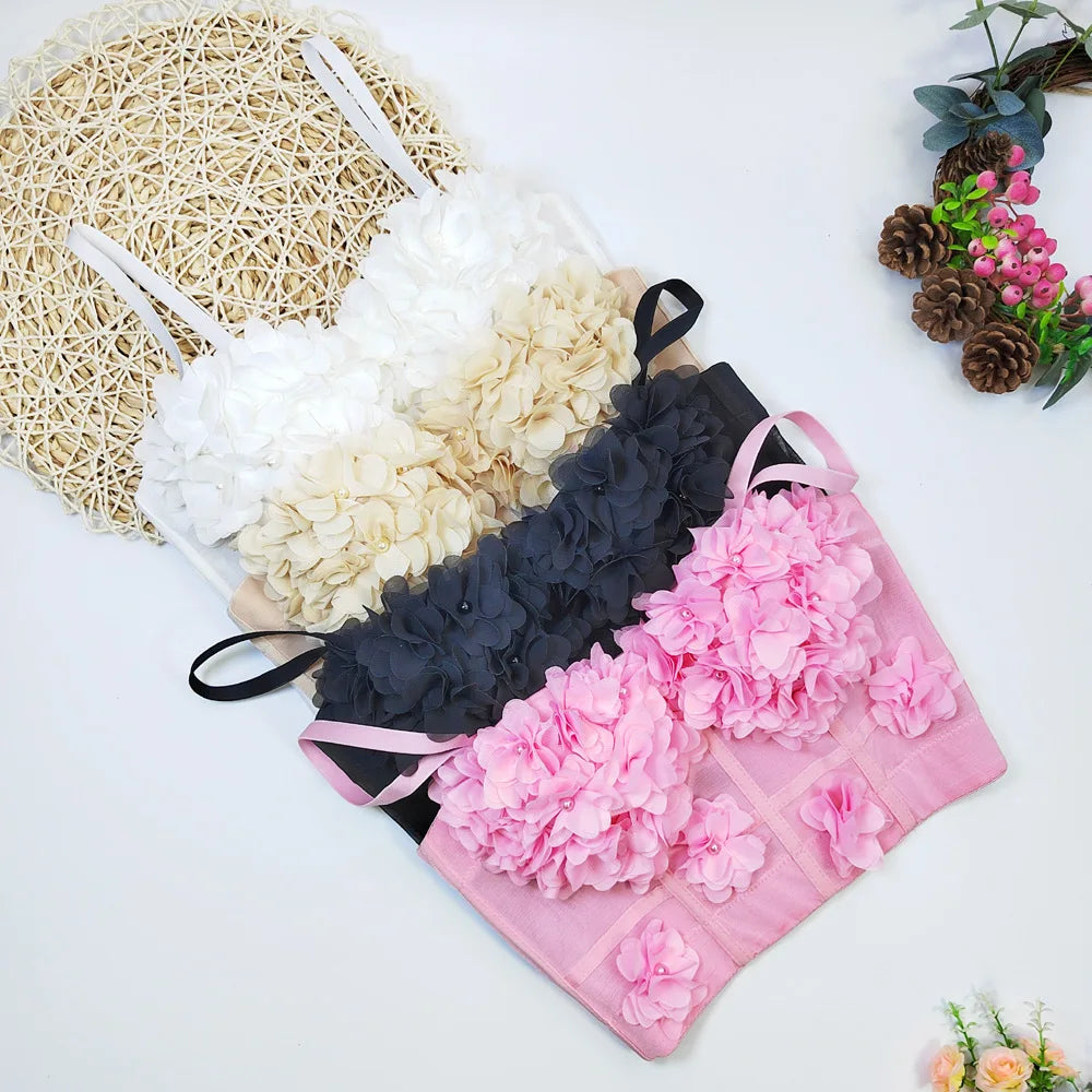 Sexy Beachwear Corset 3D Floral Applique Cute Women Deading Design Bustier Ladies Event Party Crop Top Short French Sweet Cami