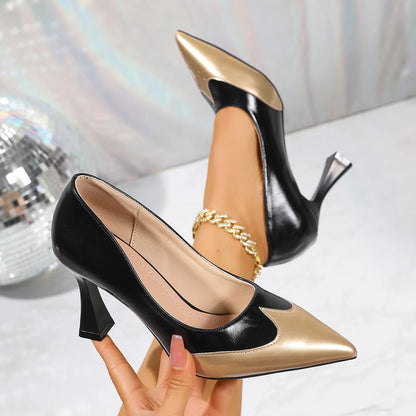 Genuine Leather French-Style Pointed-Toe Low-Cut Sexy Flats, New Color-Block Fashion Versatile Elegant High Heels