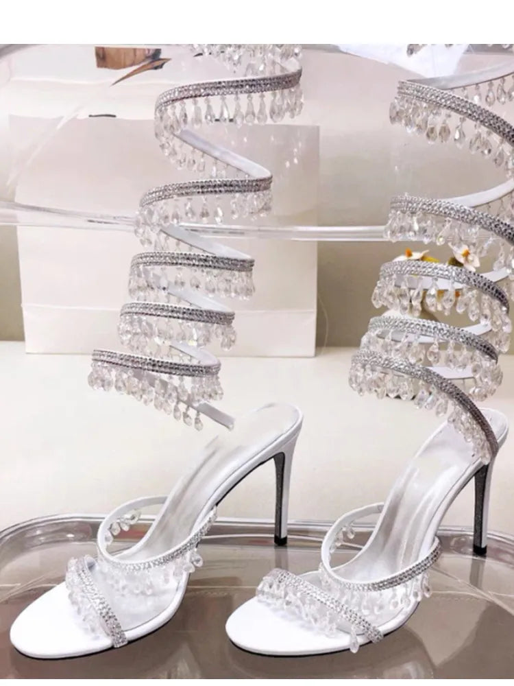 2024Women's New Water Diamond Sandals Fashion Tassel Crystal Shoes Sexy Banquet Party Twin Stiletto Women's Large Sandals