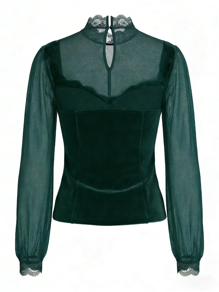 Women's Spring/Fall 2026 New Arrival Elegant Lace-Panel Cutout Bell-Sleeve Tie-Waist Top Everyday Lace-Panel Design
