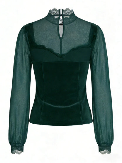 Women's Spring/Fall 2026 New Arrival Elegant Lace-Panel Cutout Bell-Sleeve Tie-Waist Top Everyday Lace-Panel Design