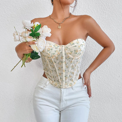 Women Floral Top Sexy Spicy Girl Tank Top Low cut Open Back Flower Wrapped Chest Diamond Fish Bone Strap Waist Vest Tank Top Y2K