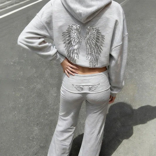 Spring autumn Women's Hoodie Trousers 2piece Set Solid Vintage Shiny Wing Print Long Sleeve Zip Up Casual Sweatshirt Streetwear