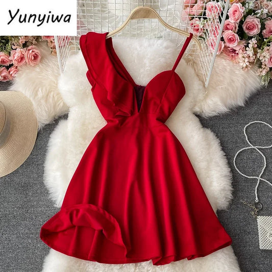Ins Fashion Sexy Backless One Shoulder Strap Club Dress Chic High Waist A-line Mini Dress Women Red Party Dress