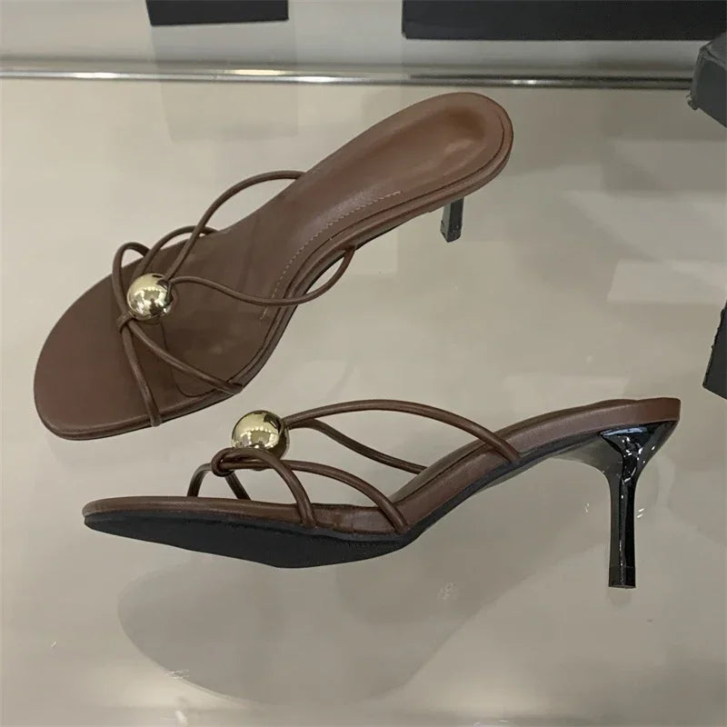 Aneikeh Fashion Low Thin Heels Design Narrow Band Women Slippers Narrow Band Round Head Sandal Mules Slides Shoes Zapatos Mujer