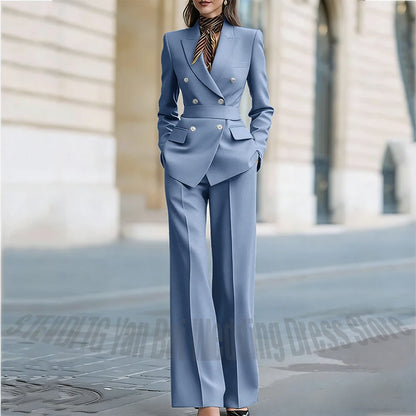 Customized Straight Women's Suits Two Pieces Classic Double Breasted Solid Color High Street Business Casual Office Suit Set