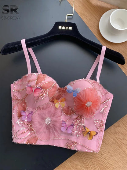 SINGREINY Embroidery Flower Camis Women Strapless Sleeveless Luxury Camisole Slim Hot Summer Sequined Butterfly Sexy Mini Tops