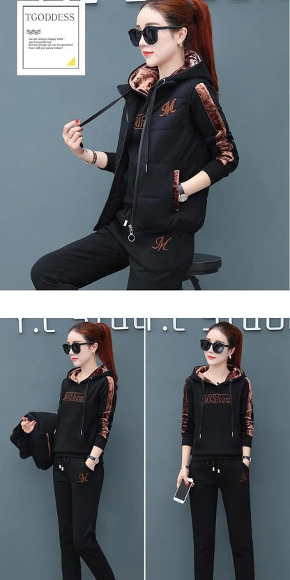 Women's Casual Fashion Autumn Winter New Sweat Suit Plush Thickened Hooded Tops and Waistcoat Pants 3 Three Piece Sets For Women
