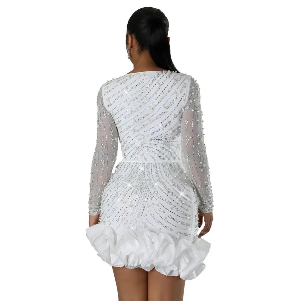 CM.YAYA Spring Women Long Sleeve Ruffles Hot Drilling Bead Short Dress Sexy Night Club Evening Birthday Mini Dresses Vestidos