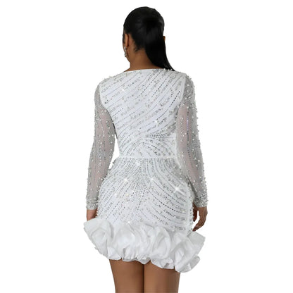 CM.YAYA Spring Women Long Sleeve Ruffles Hot Drilling Bead Short Dress Sexy Night Club Evening Birthday Mini Dresses Vestidos