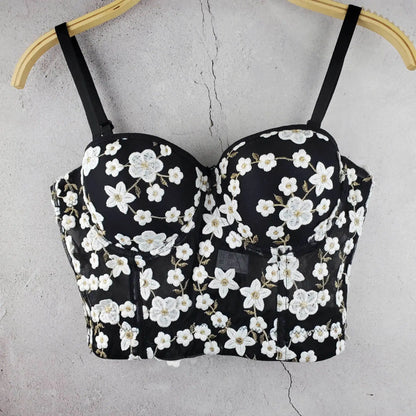 Women Crocheted 3D Lace Corset Stylish Floral Embroidery Bustier Push Up Bra Lady Tank Top Elegant Cropped Top Club Party Bralet