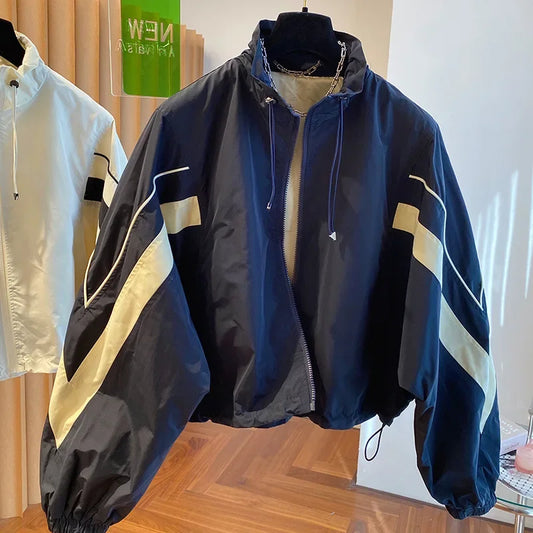 American retro drawstring black and white contrast stitching coat women's autumn new loose leisure sports baseball uniform
