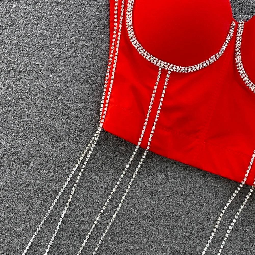 Women Chic Tassels  Pads Rhinestone Basic  Corset Straps Camis Slim  Hot Sexy Fashion Bare NavelBackless Tops Women Crop Top
