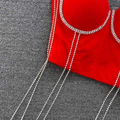 Women Chic Tassels  Pads Rhinestone Basic  Corset Straps Camis Slim  Hot Sexy Fashion Bare NavelBackless Tops Women Crop Top