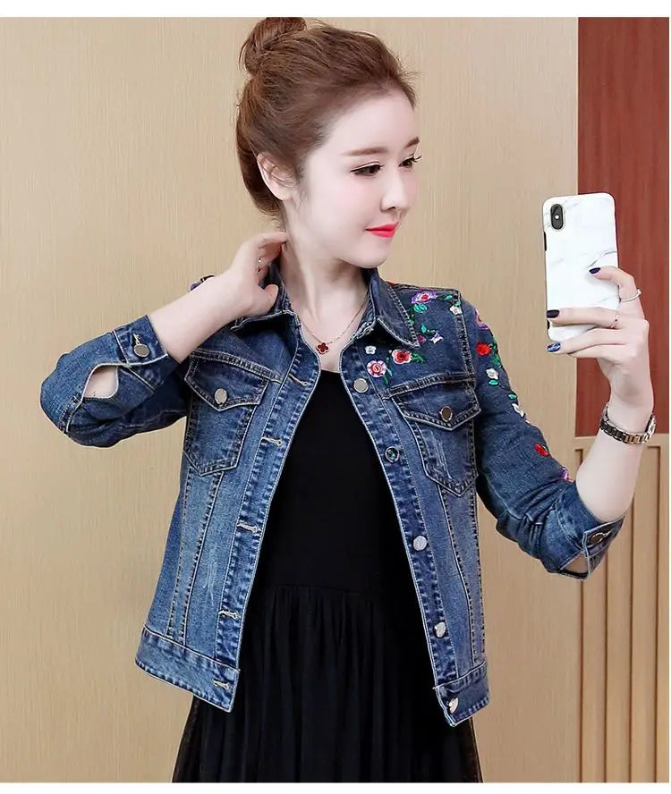 Embroidered denim jacket women's short 2025 spring and autumn new versatile elastic slim denim jacket Korean version jacket top