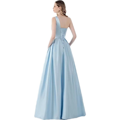 Customized Women's One Shoulder Prom Dresses Long Ball Gown High Slit Satin Corset Formal Dress Evening Gowns with Pockets
