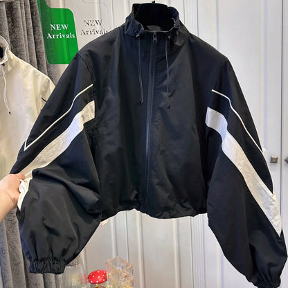 American retro drawstring black and white contrast stitching coat women's autumn new loose leisure sports baseball uniform