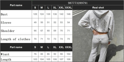 Spring autumn Women's Hoodie Trousers 2piece Set Solid Vintage Shiny Wing Print Long Sleeve Zip Up Casual Sweatshirt Streetwear