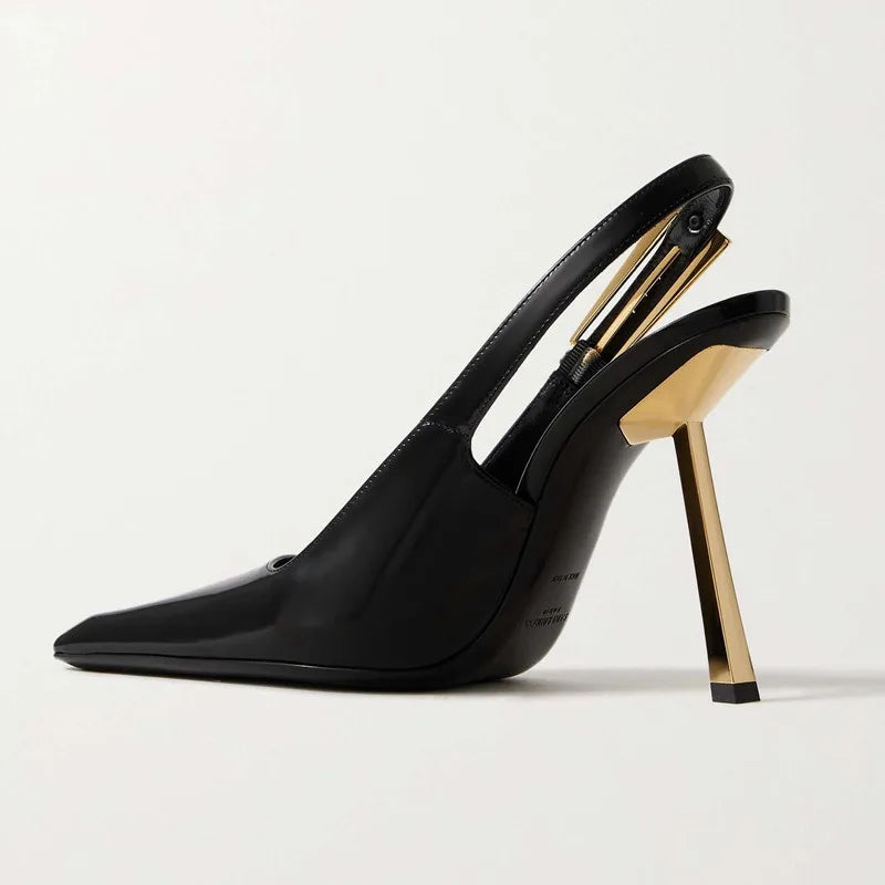 2025 Spring And Summer New Black Patent Leather High Heels Women Slim Heel Shoes Temperament Minority Pointed Sandals