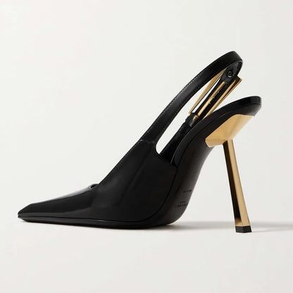 2025 Spring And Summer New Black Patent Leather High Heels Women Slim Heel Shoes Temperament Minority Pointed Sandals