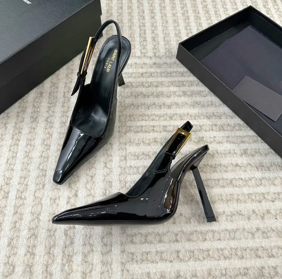 Black Pointed Toe High Heels Thin Heel Metal Cap Sandals Women's Shoes Elegant Painted Leather Sexy Fine Heel New 2025