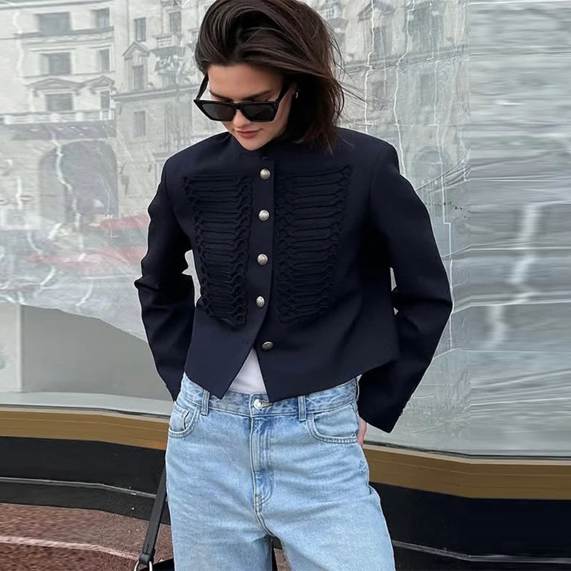 Vintage Napoleon Short Jacket for Women Stand Collar Full Sleeve Single-Breasted Slim Coat 2026 Spring Lady New Streetwear