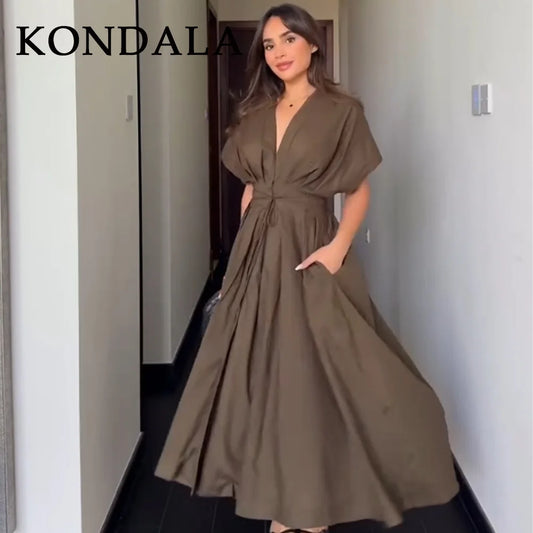 KONDALA 2026 Spring Summer Vintage Women Dress Fashion Single Breasted Sashes Draped V Neck Sleeveless Chic Brown Ladies Dresses